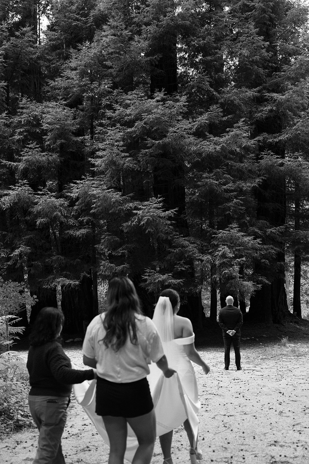 Bride walking toward groom for their first look in the redwoods with her bridal party helping with the train.