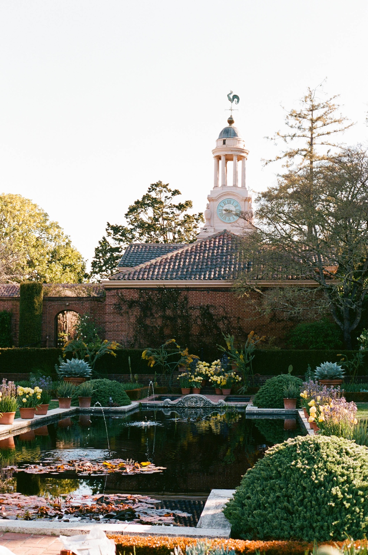 A garden pond reflecting a clock tower and vibrant spring flowers at a historic estate venue.

