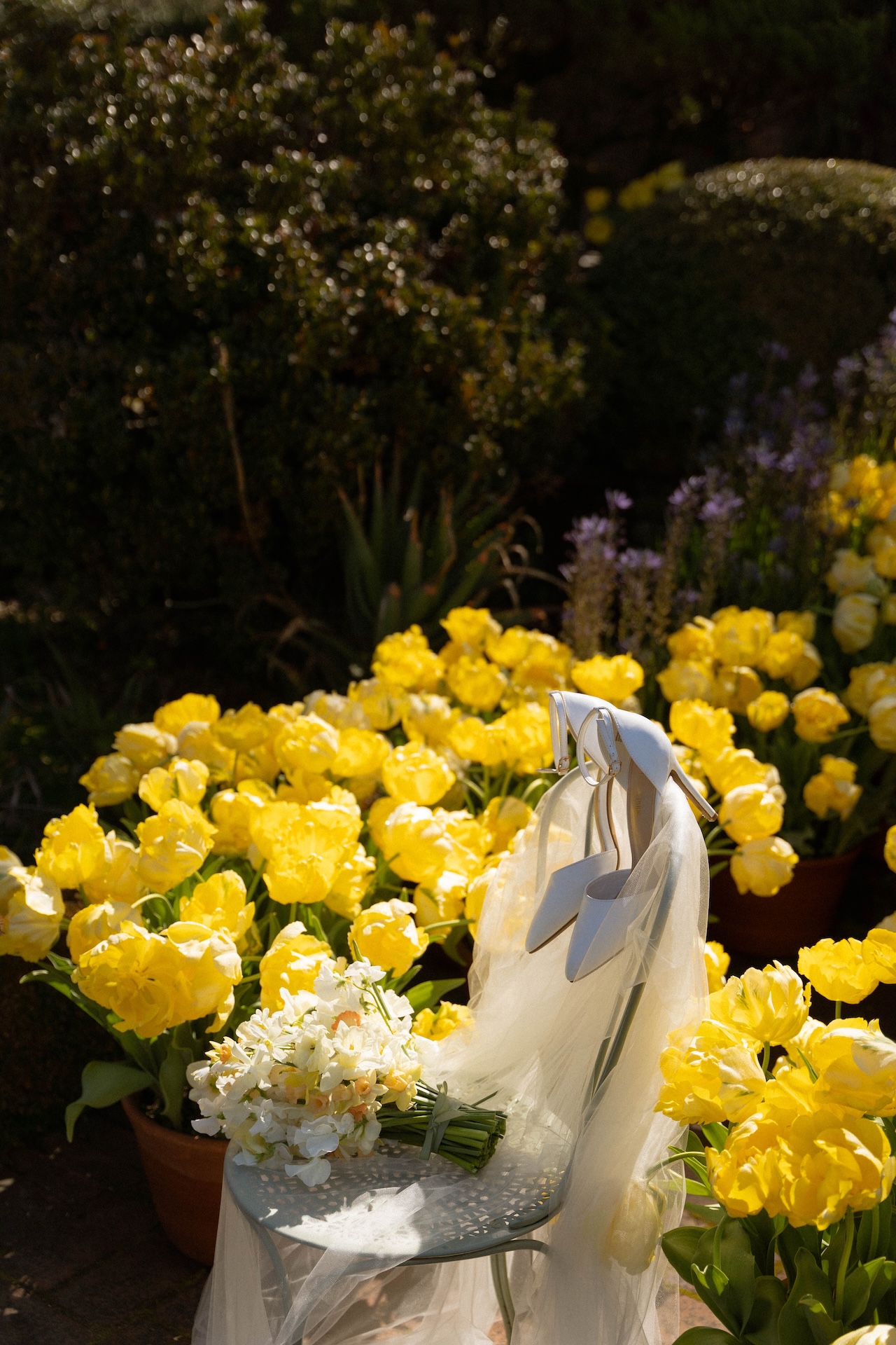 A pair of elegant white bridal heels and a bouquet on a chair draped with a veil surrounded by vibrant yellow tulips in the garden.