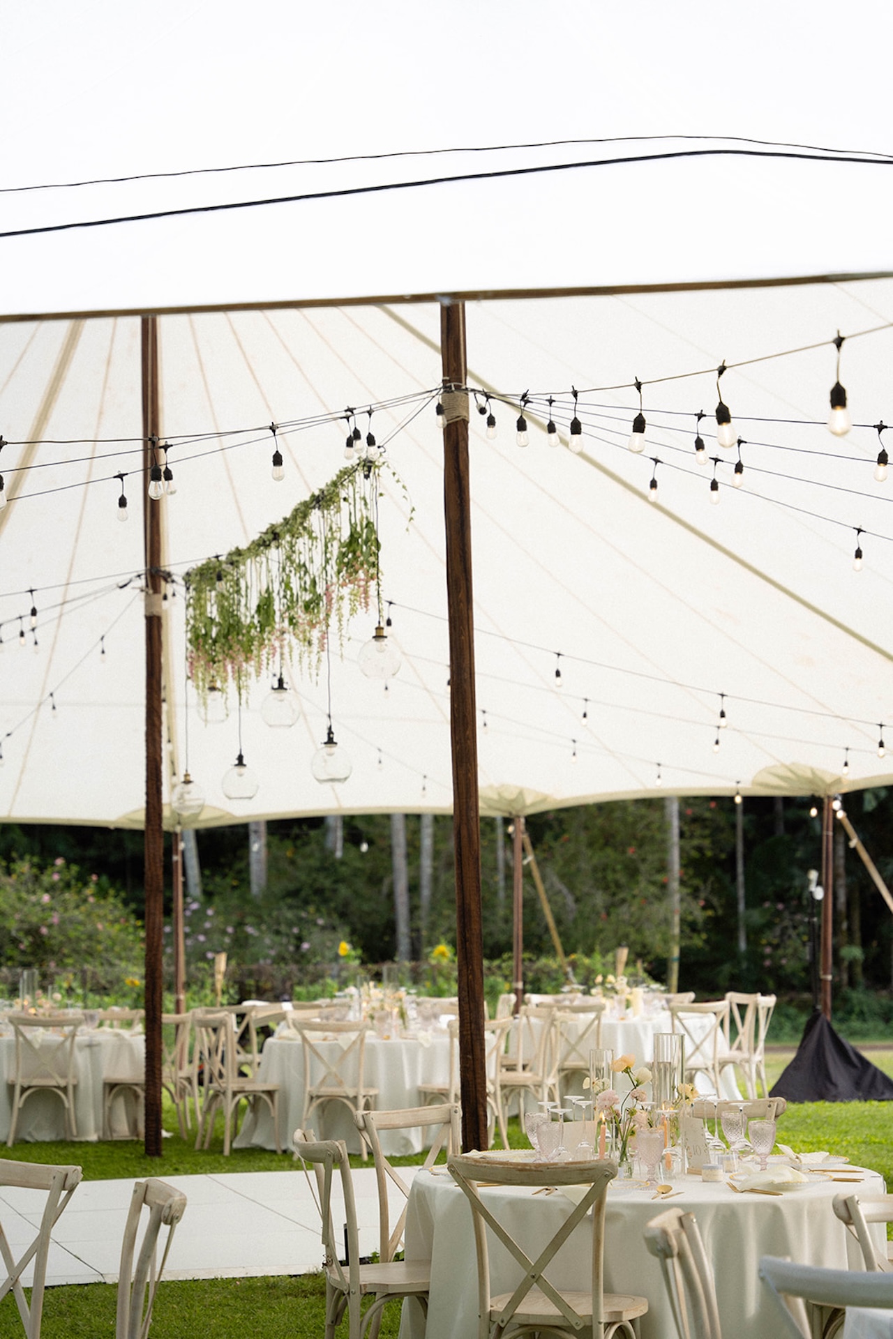 Softly lit reception tent set for dinner, with white linens, simple florals, and string lights — a minimalist design that pairs beautifully with intimate wedding venues surrounded by nature