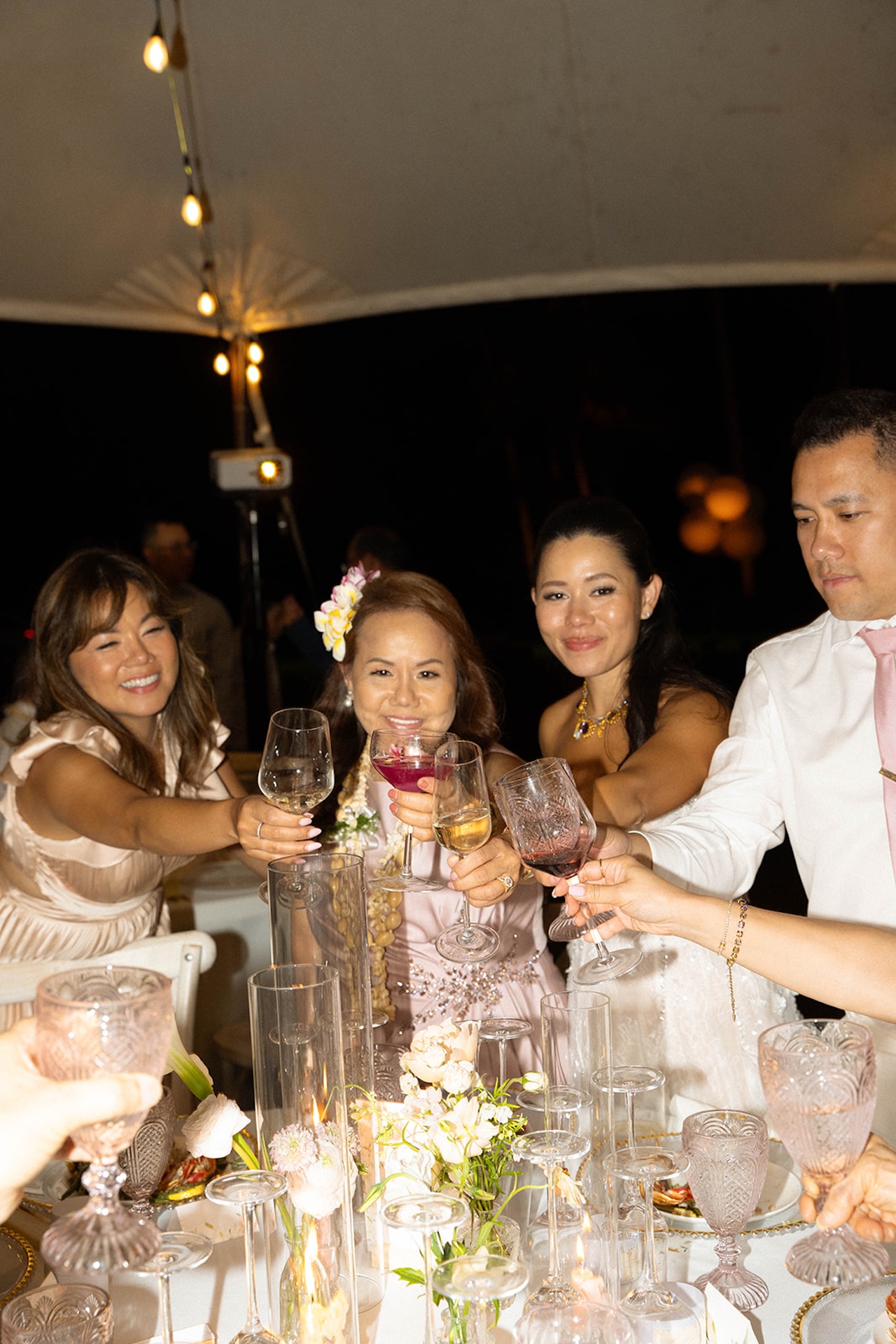 Family raising glasses during a wedding toast inside the reception tent, surrounded by candlelight and blush-toned florals — a cozy and heartfelt celebration often found at intimate wedding venues