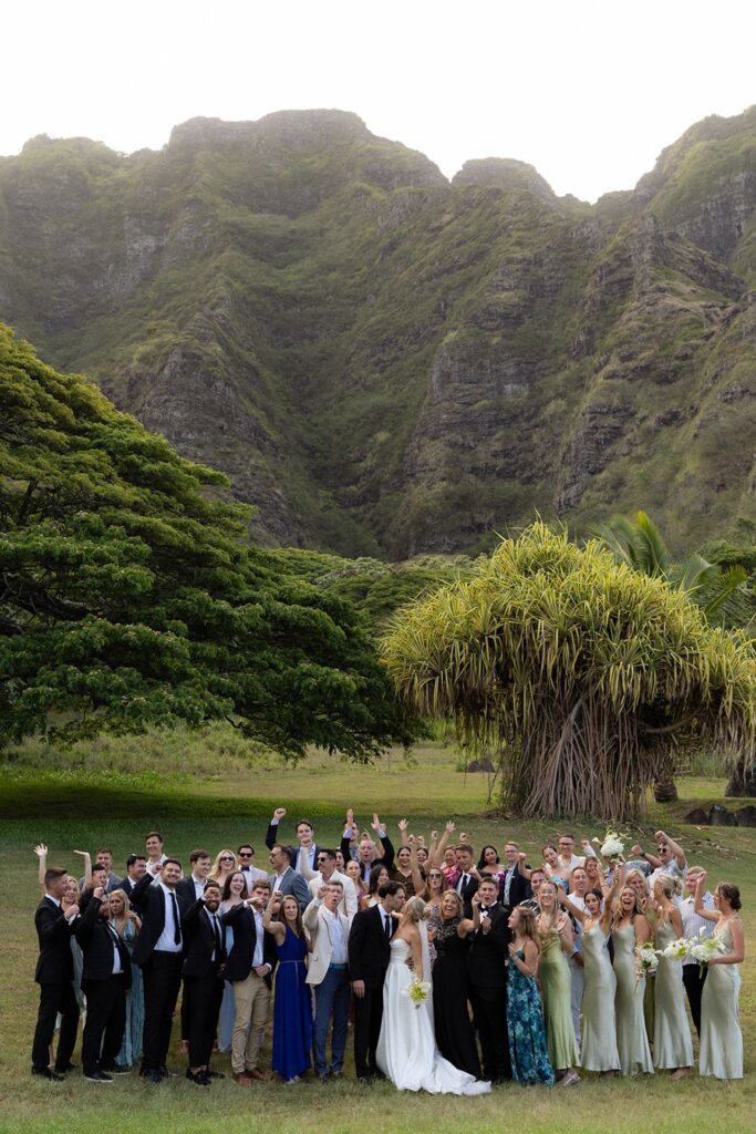Large wedding group cheers joyfully on a grassy field with mountains in the background – Hawaii wedding planning inspiration.