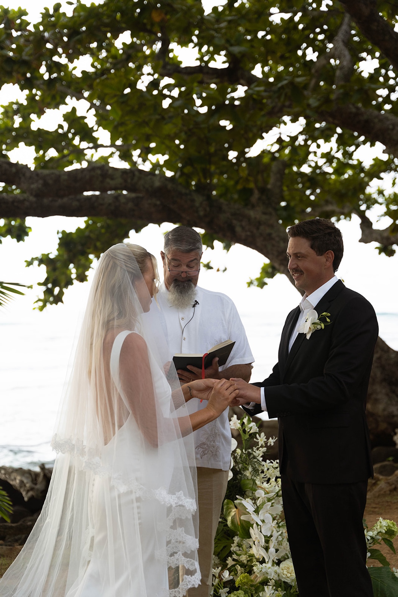 A bride and groom exchange rings during a heartfelt ceremony under a sprawling tree with the ocean just beyond them.