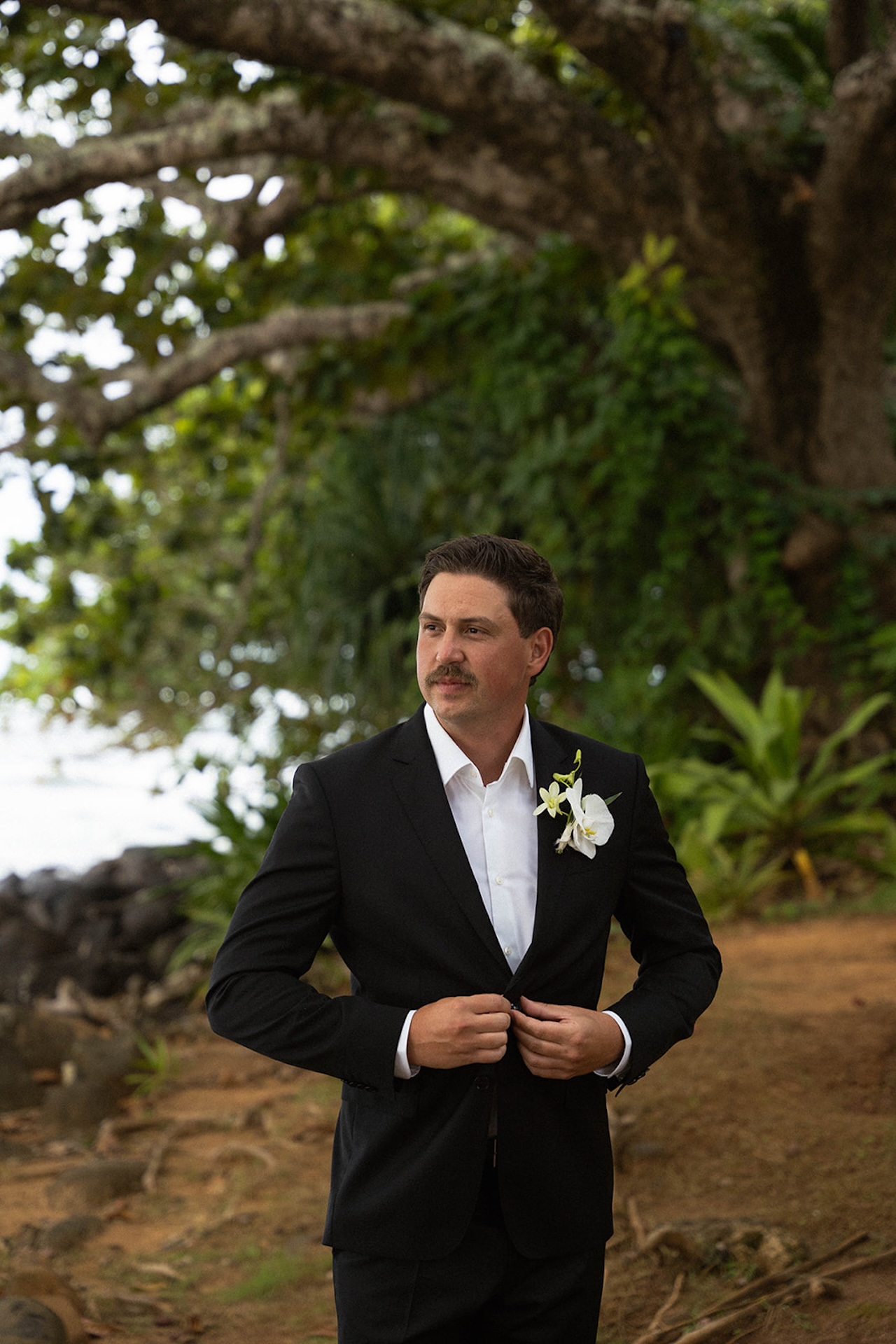 A groom adjusts his black suit jacket beneath sprawling trees near the shoreline at one of the most timeless Kauai wedding venues.