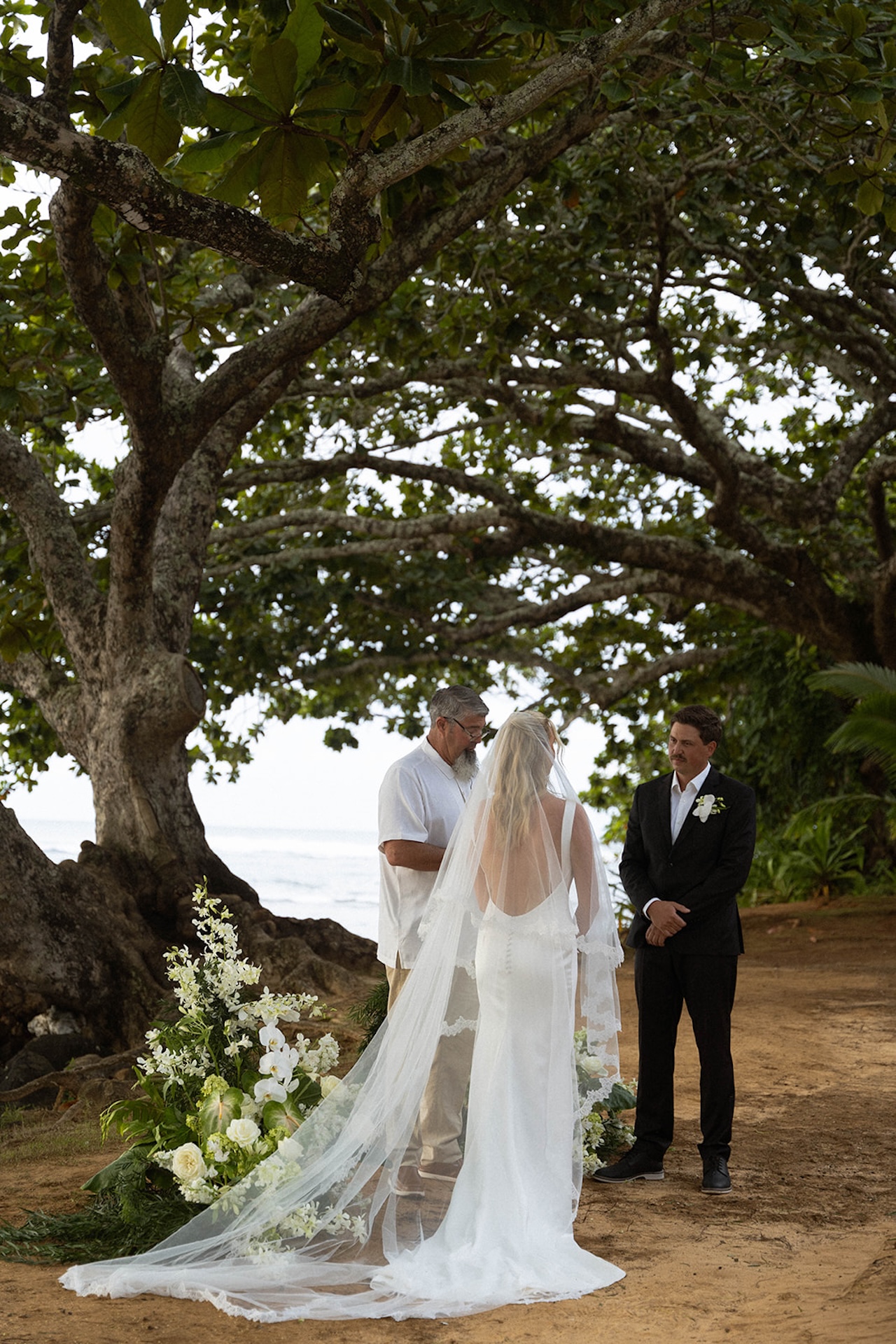 The bride stands facing the officiant with her veil flowing down her back during a quiet outdoor ceremony surrounded by greenery.