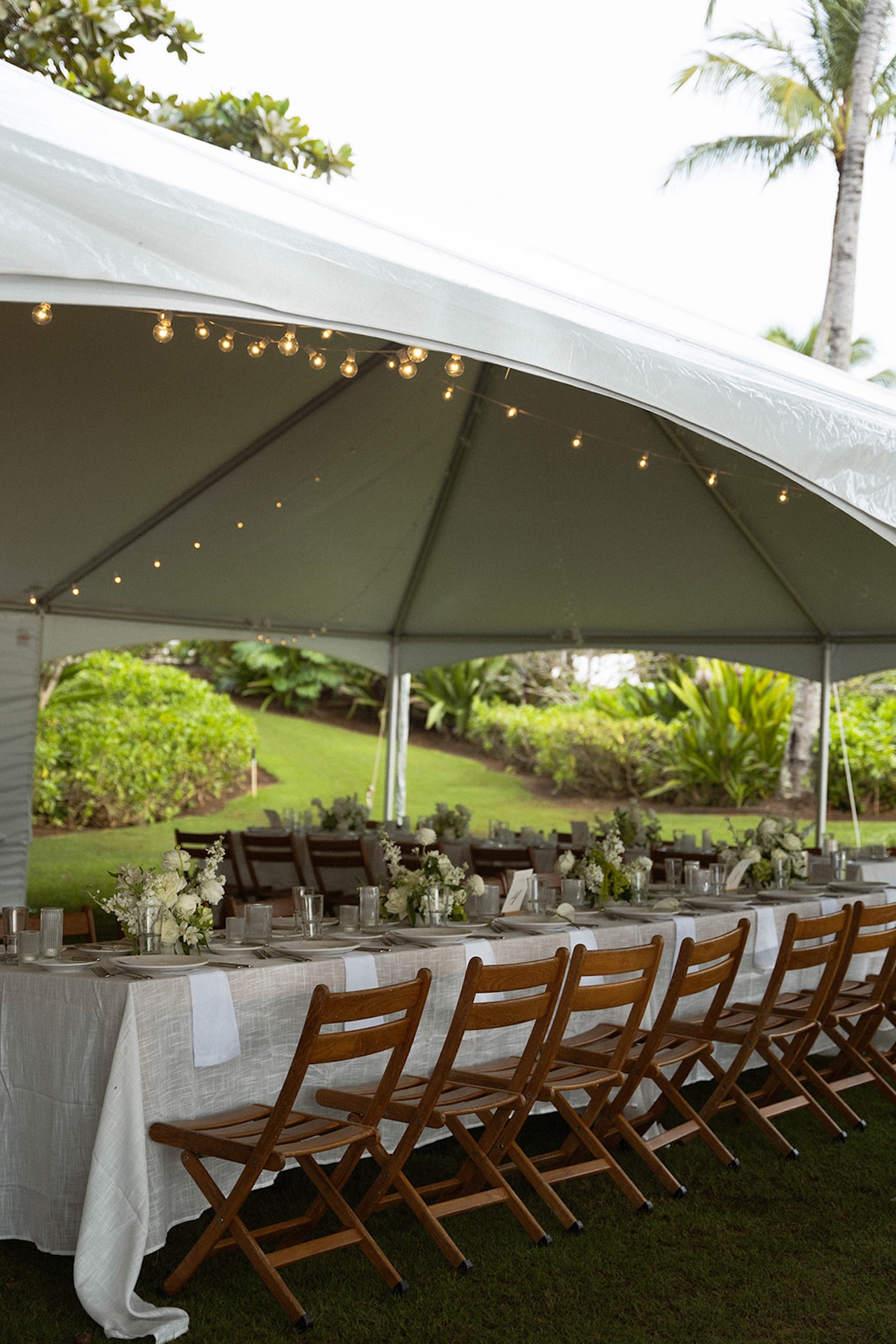 A wide view of the reception tent with wooden chairs, neutral linens, and tropical landscaping surrounding the outdoor celebration.